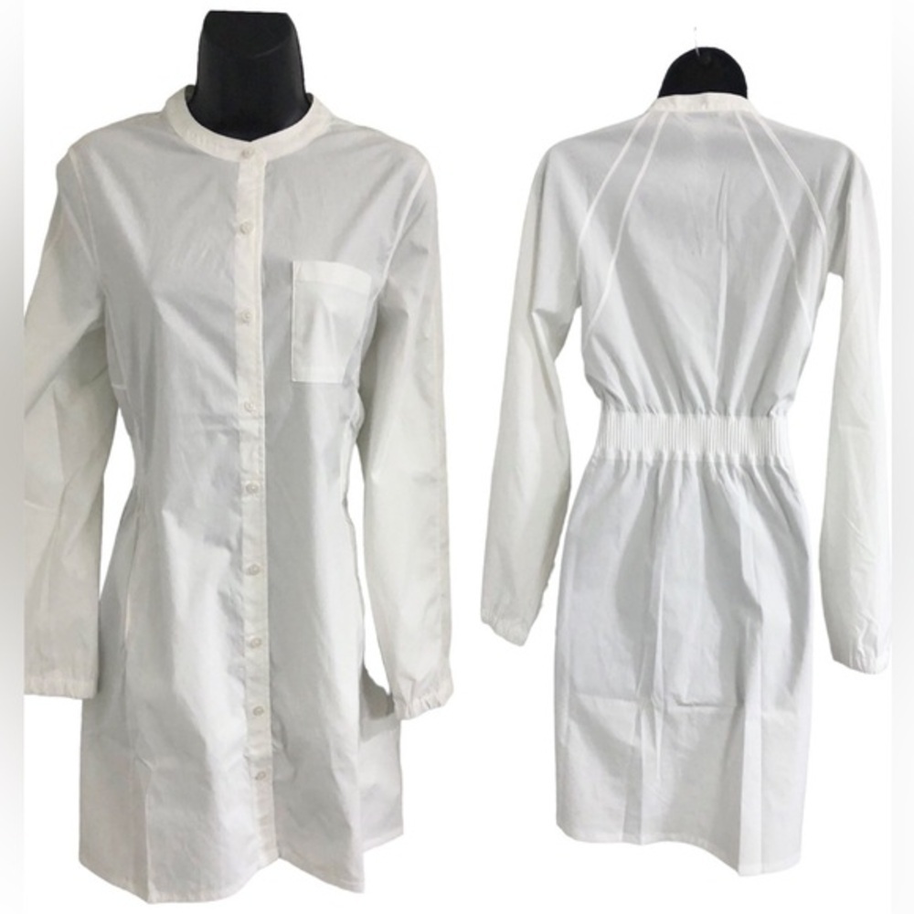 ATHLETA white long sleeve button front PERFORMANCE smocked back shirt Dress sz S